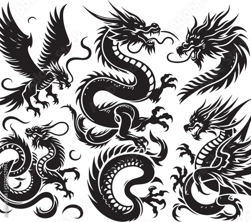 Tattoo Style Vector Bundle | Vintage Skull, Roses, Dragons, and Wild Animals Illustrations
