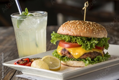 A burger and iced lemonade