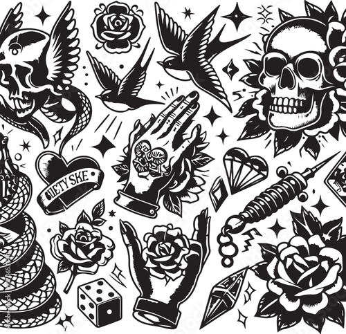 Tattoo Style Vector Bundle | Vintage Skull, Roses, Dragons, and Wild Animals Illustrations