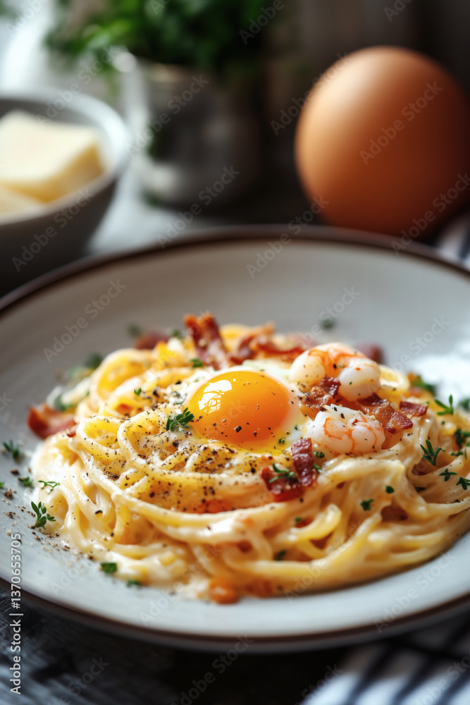 Fototapeta premium Creamy Pasta with Egg and Seafood