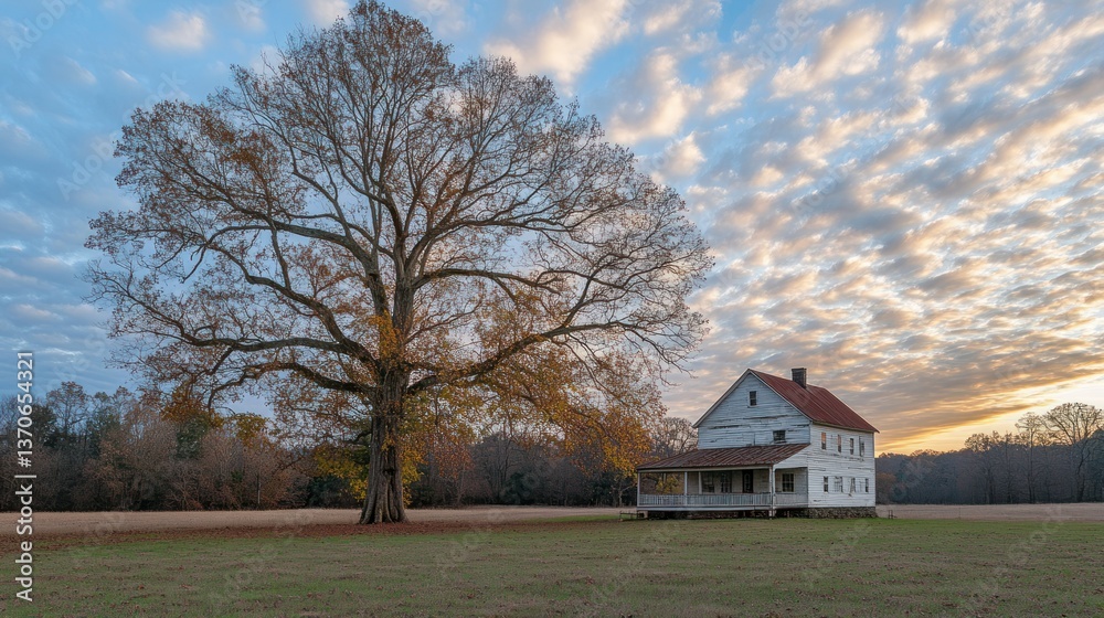 A large tree stands near an old farmhouse at dusk A large tree stands near an old farmhouse at dusk