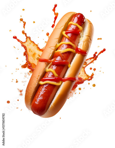 Grilled hot dog with mustard splashing on transparent background