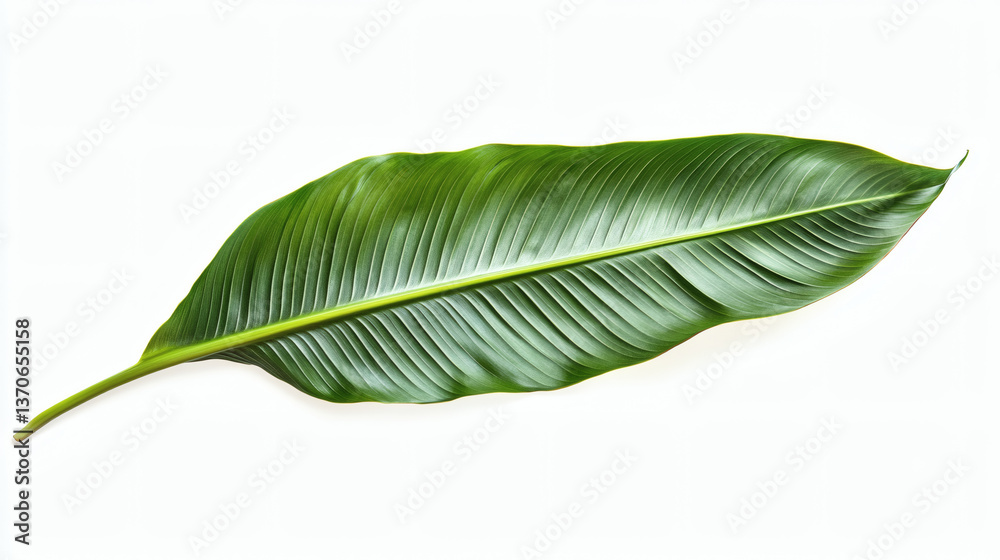 Fototapeta premium Isolated Green Tropical Leaf with Visible Veins on White Background Natural Design Element