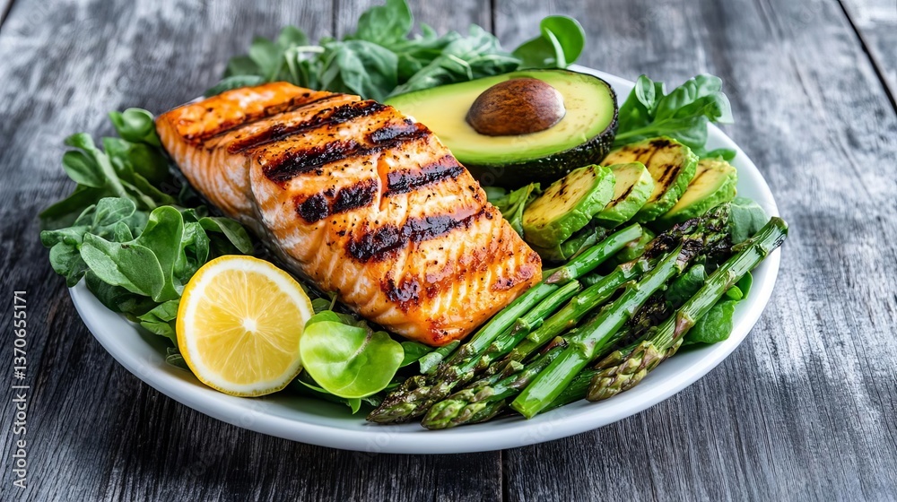 Grilled salmon with asparagus and avocado on greens, healthy gourmet meal, perfect for Easter brunch or summer dining Grilled salmon with asparagus and avocado on greens, healthy gourmet meal, perfect for Easter brunch or summer dining