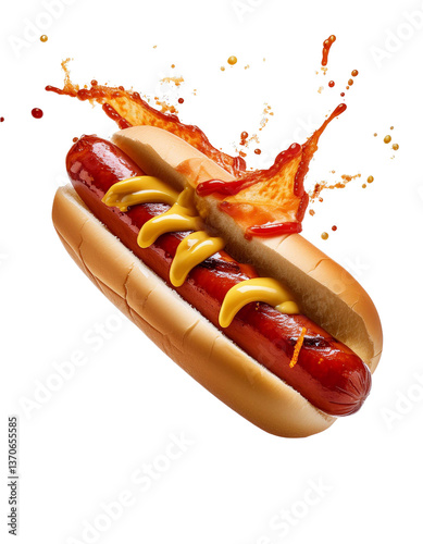 Grilled hot dog with mustard splashing on transparent background