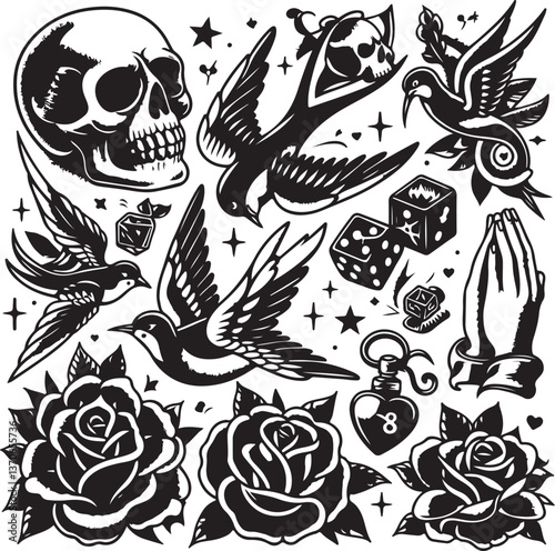 Tattoo Style Vector Bundle | Vintage Skull, Roses, Dragons, and Wild Animals Illustrations