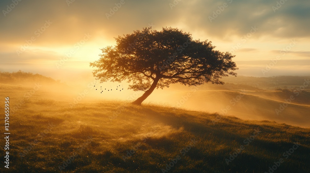 Fototapeta premium Sunrise over misty hill with lone tree