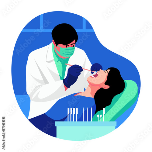 A flat illustration of a dentist checking his patient