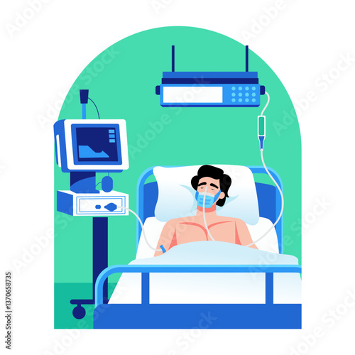 Flat illustration showing a patient lying in an icu room