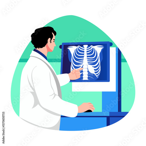A flat style illustration of a radiologist checking chest xray