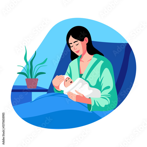 A mother carrying a newborn baby, flat style illustration