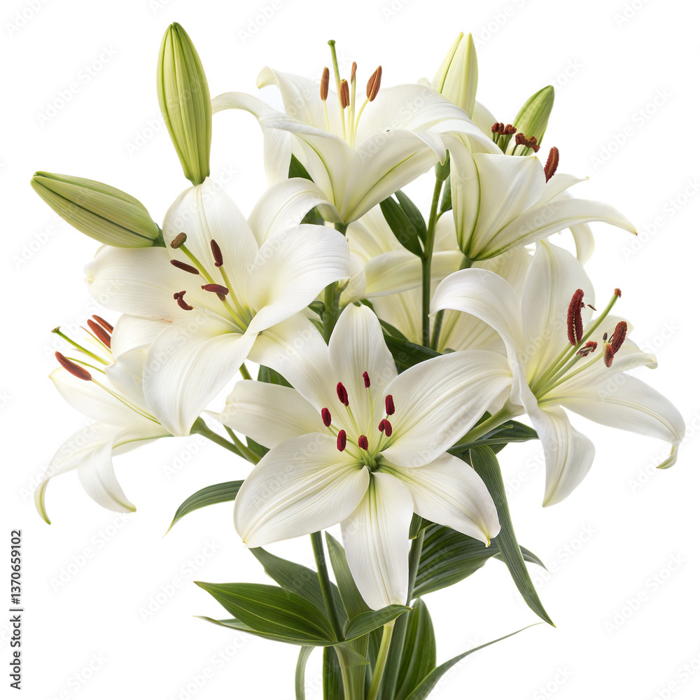 Fototapeta premium Bunch of White Lilies with Green Stems and Buds Isolated on Black Background