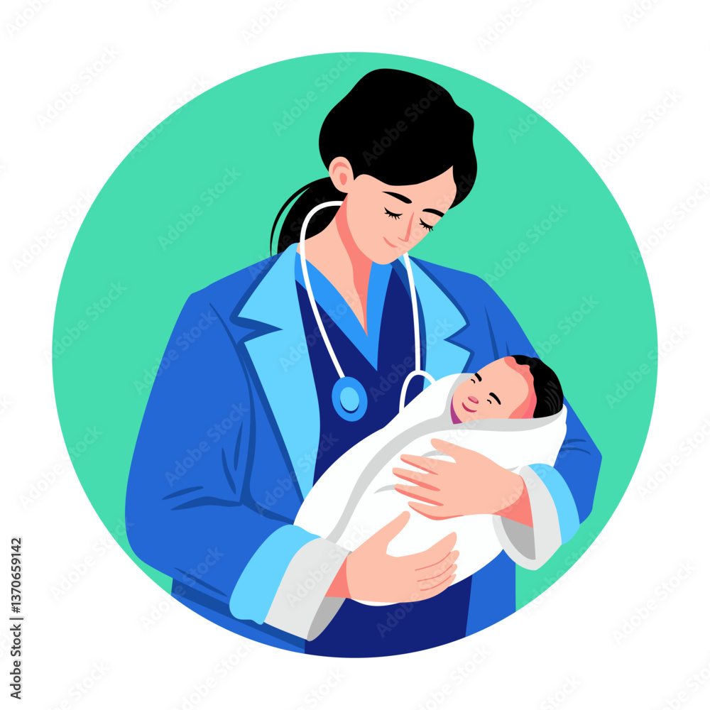 A female doctor holding a newborn baby, flat illustration A female doctor holding a newborn baby, flat illustration