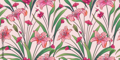 Floral seamless pattern with lily flowers and leaves. Vector illustration of wildflowers. Background for fabric design, textile, wrapping paper. Pattern for flower shop. Spring concept