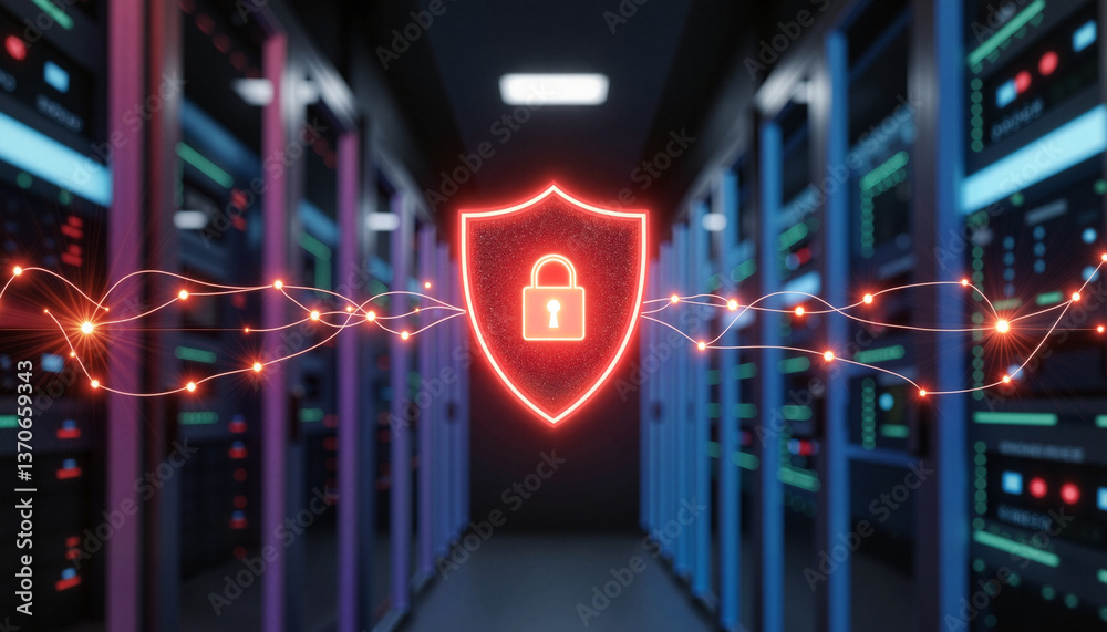 Glowing shield icon representing secure network connection in server room, digital safety Glowing shield icon representing secure network connection in server room, digital safety