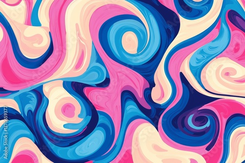 Vibrant swirling abstract pattern featuring blue, pink, and cream colors, creating a dynamic visual flow