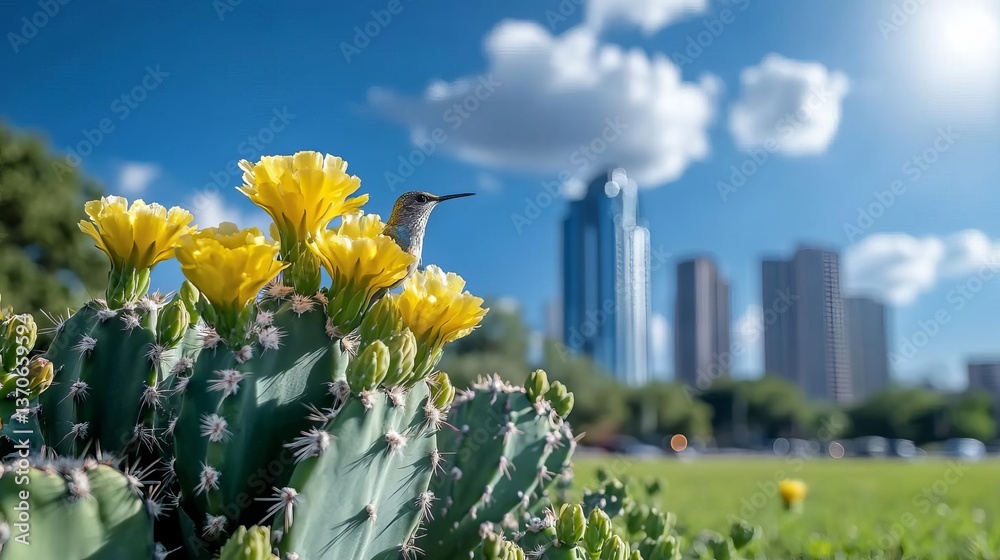 Naklejka premium Yellow cactus flowers and hummingbird against urban skyline under clear sky, nature meets cityscape, Earth Day inspiration