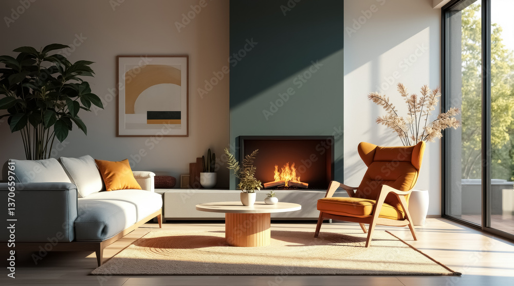 Fototapeta premium sunlit living room with grey sofa mustard yellow armchair and fireplace