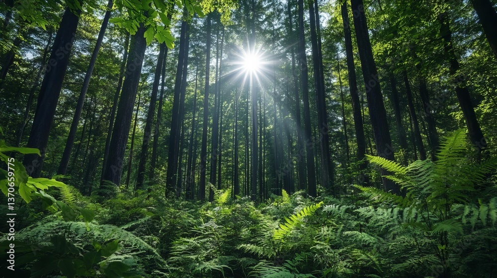 Fototapeta premium Sunlight filtering through lush green forest trees, symbolizing tranquility and renewal, perfect for Earth Day or Arbor Day