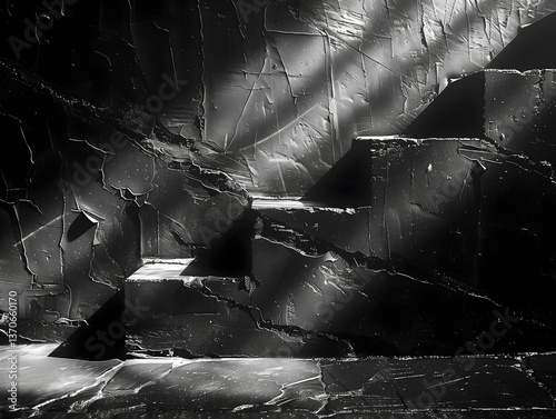 Cracked Stairs and Wall from Earthquake with Light Shining Through in Black and White Tone.