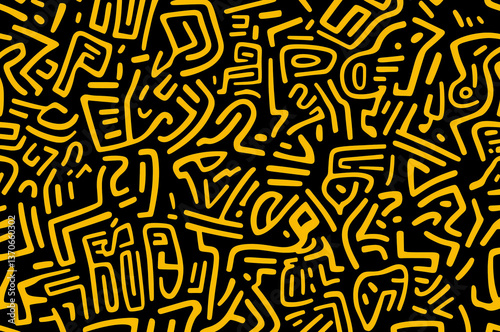 Abstract Geometric Pattern with Yellow and Black Letters