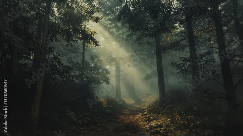 A dense, magical forest with tall pine trees, sunlight filtering through the leaves, and a misty path leading into the unknown