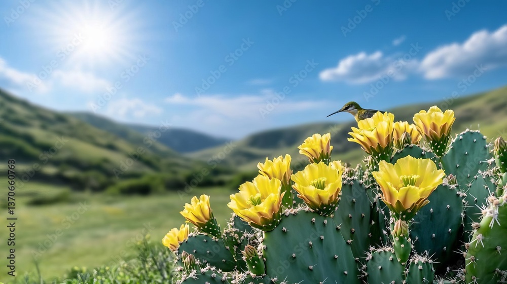 Naklejka premium Hummingbird hovers over blooming cactus with yellow flowers in desert landscape, spring beauty and Earth Day celebration