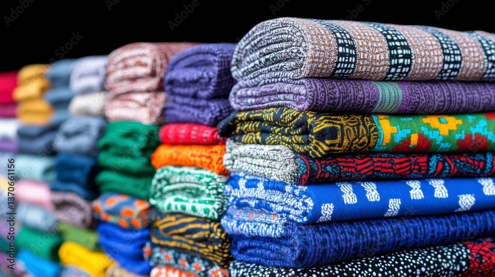 Vibrant stacks of colorful patterned fabric rolls displayed against a black background. The textiles show various designs and textures. Vibrant stacks of colorful patterned fabric rolls displayed against a black background. The textiles show various designs and textures.