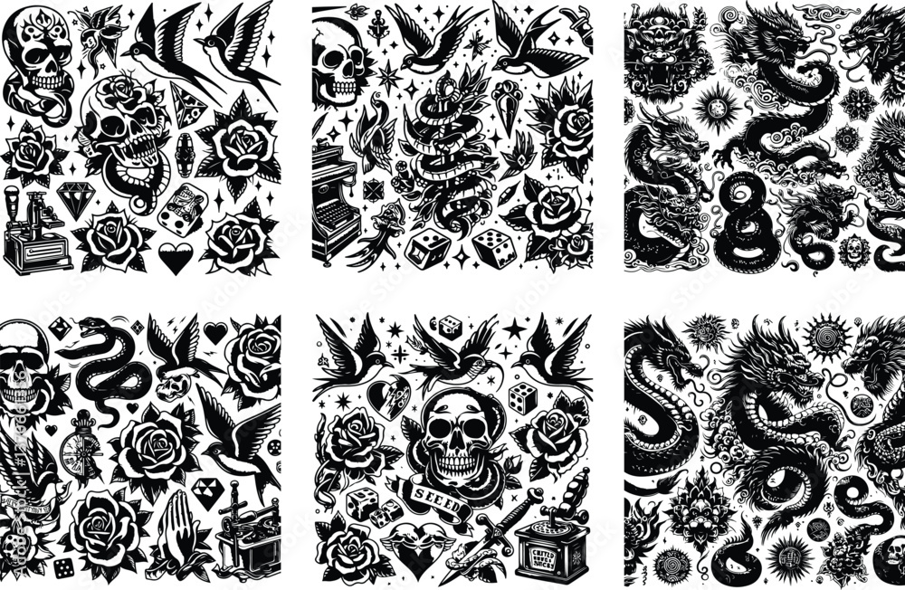 Ταπετσαρία Tattoo Style Vector Bundle | Vintage Skull, Roses, Dragons, and Wild Animals Ill