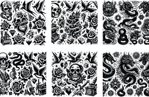 Tattoo Style Vector Bundle | Vintage Skull, Roses, Dragons, and Wild Animals Illustrations