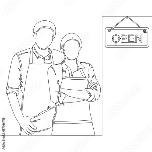 Continuous one single line drawing Small Business Success: Man and Woman in Aprons Stand Proudly in Front of an Open Sign, Welcoming Customers icon vector illustration concept