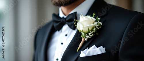 white rose boutonniere adorns a black tuxedo