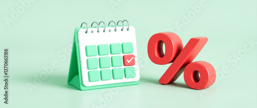 3d render of a mint green calendar with red percentage symbol