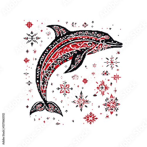 Red and Black Dolphin with Snowflake Design - Artistic Animal Illustration