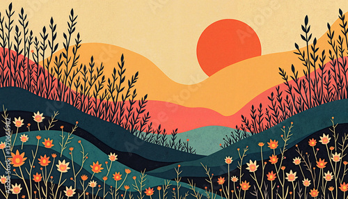 Colorful sunset landscape with flowers and mountains  