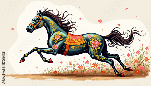 Colorful horse galloping through a field of flowers  