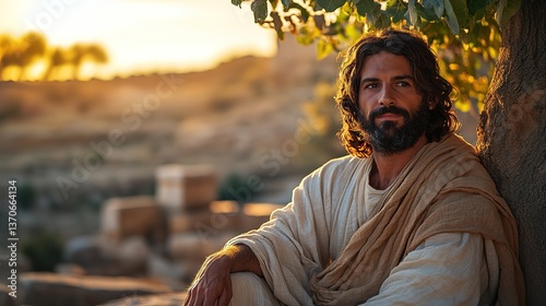 Jesus Christ in ancient time standing at hill with Jerusalem town background