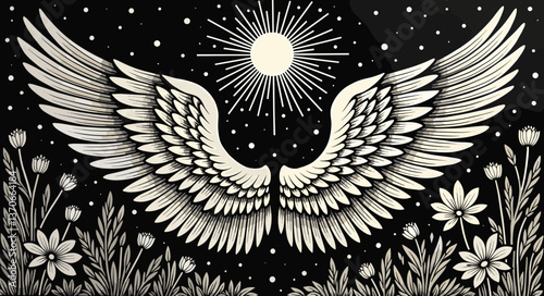 Angelic Wings with Sun and Flowers in a Black Background  
