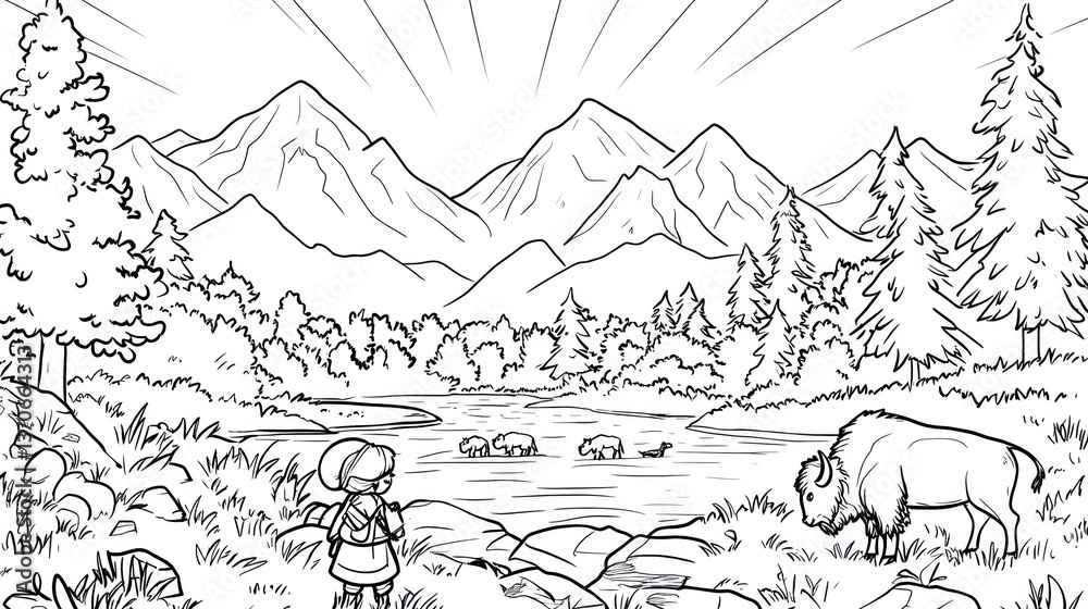 Naklejka premium Child views mountain landscape with bison, coloring book illustration