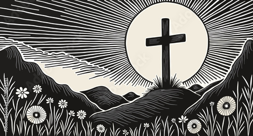 Cross silhouette against sunrise in a floral landscape  