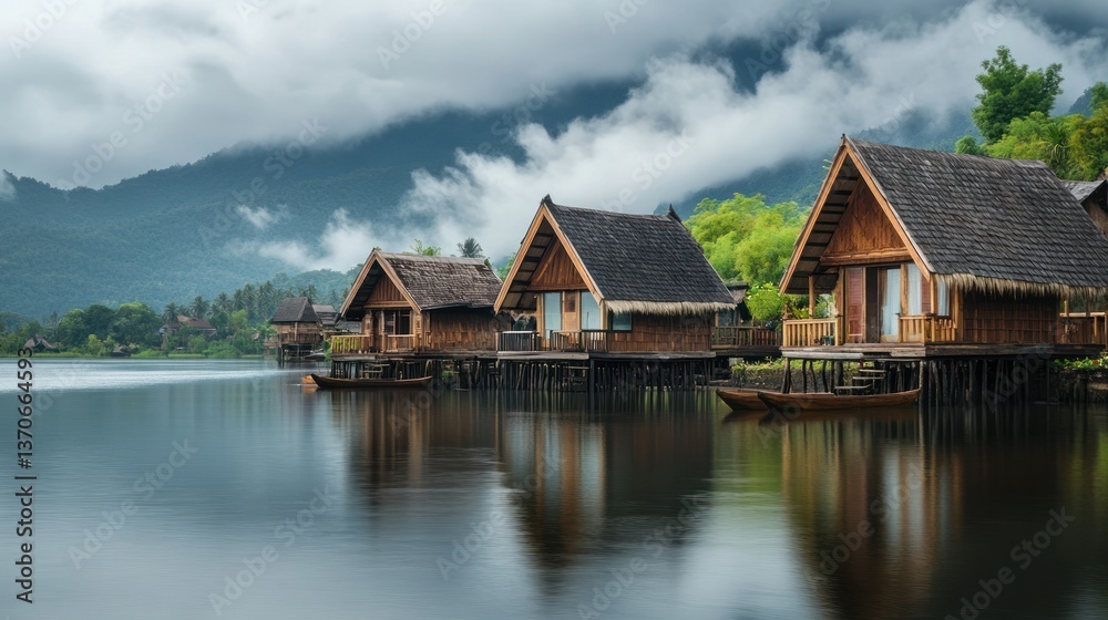 Obraz premium Wooden lake houses nestled amongst misty mountains. Tranquil waterfront cabins reflect on the glassy surface of the lake