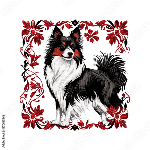 Elegant Papillon Dog in Red Floral Frame - Artistic Canine Portrait