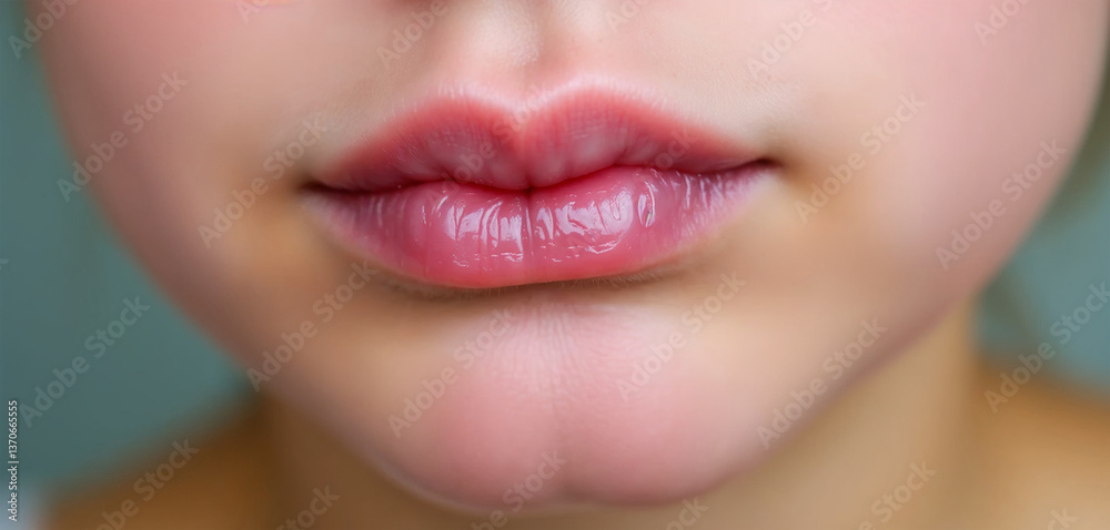 Close-up of shiny, pink lips with a smooth and hydrated look Close-up of shiny, pink lips with a smooth and hydrated look