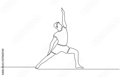 Continuous line drawing of young sportive man training yoga in sport gymnasium club center, Single one line of Fitness stretching concept. Trendy design graphic vector illustration.