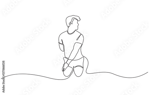 Continuous line drawing of young sportive man training yoga in sport gymnasium club center, Single one line of Fitness stretching concept. Trendy design graphic vector illustration.