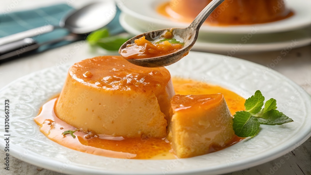 Smooth and Creamy Caramel Flan Served with Rich Sauce and Fresh Mint Garnish for a Perfect Dessert Presentation Smooth and Creamy Caramel Flan Served with Rich Sauce and Fresh Mint Garnish for a Perfect Dessert Presentation