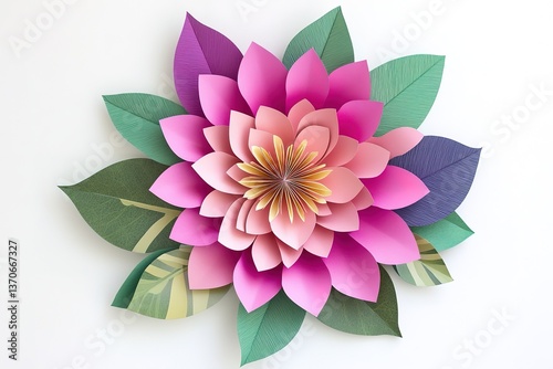 Detailed Paper Flower Design with Vivid Pink Petals and Green & Purple Leaves