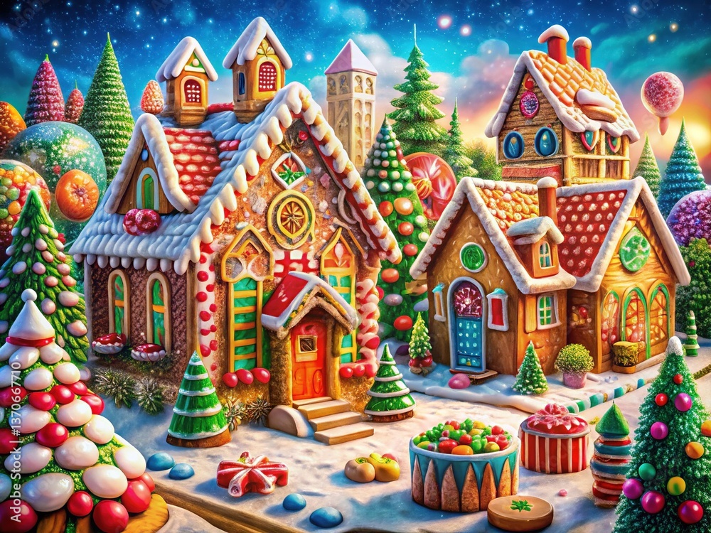 Obraz premium Gingerbread House Paintings, Holiday Art, Festive Decor