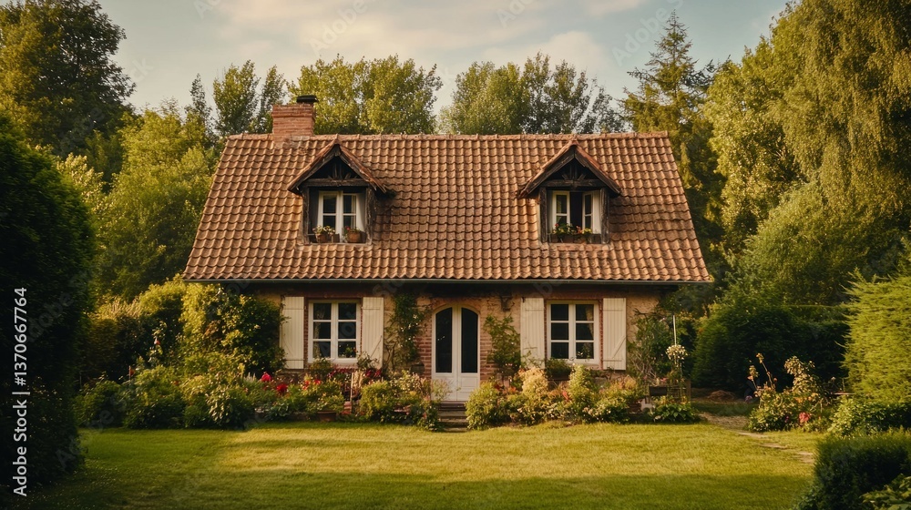 A quaint rural house nestled amidst vibrant lush greenery and garden A quaint rural house nestled amidst vibrant lush greenery and garden