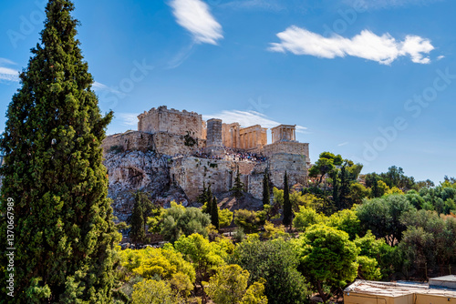 Acropolis hill view with Propylaea and Athena Nike temple